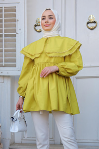 Yakası Nakış Detaylı Gömlek  Yağ Yeşil