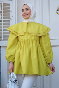 Yakası Nakış Detaylı Gömlek  Yağ Yeşil