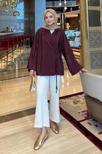 Yakası Pile Detaylı Kimono Bordo