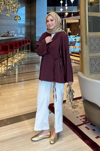 Yakası Pile Detaylı Kimono Bordo