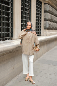 Yakası Pile Detaylı Kimono Vizon