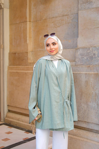 Yakası Pile Detaylı Kimono Yeşil