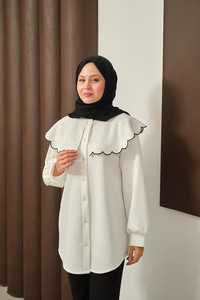 Yakası Taşlı Tunik Beyaz