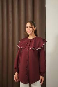 Yakası Taşlı Tunik Bordo