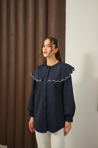 Yakası Taşlı Tunik Lacivert