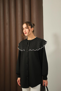 Yakası Taşlı Tunik Siyah