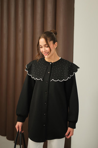 Yakası Taşlı Tunik Siyah