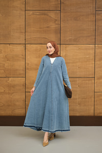 Yakası V Detaylı Kemerli Elbise Buz Mavi