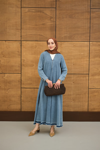 Yakası V Detaylı Kemerli Elbise Buz Mavi