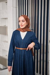 Yakası V Detaylı Kemerli Elbise Lacivert