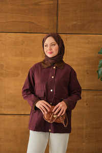 Yakası Ve Bilekleri Kadife Detaylı Ceket Bordo