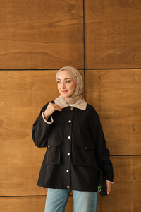 Yakası Ve Bilekleri Kadife Detaylı Ceket Siyah