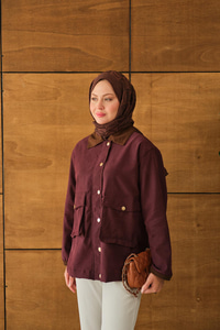 Yakası Ve Bilekleri Kadife Detaylı Ceket Bordo