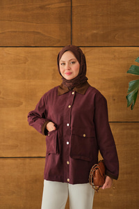 Yakası Ve Bilekleri Kadife Detaylı Ceket Bordo