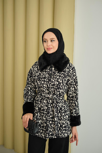 Yakası Ve Bilekleri Kürk Detay Leoparlı Ceket Siyah