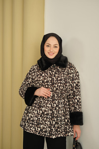 Yakası Ve Bilekleri Kürk Detay Leoparlı Ceket Kahverengi