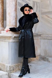 Yakası Ve Kolları Kürklü Deri Trenç Siyah