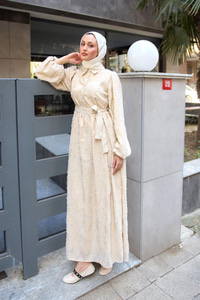 Yakma Çicek Desenli Jakar Elbise  Krem