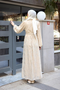 Yakma Çicek Desenli Jakar Elbise  Krem