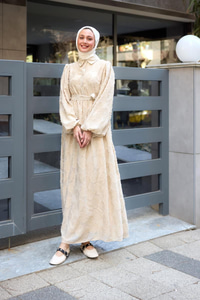 Yakma Çicek Desenli Jakar Elbise  Krem