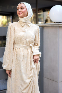 Yakma Çicek Desenli Jakar Elbise  Krem