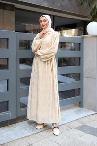 Yakma Çicek Desenli Jakar Elbise  Krem