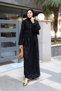 Yakma Çicek Desenli Jakar Elbise  Siyah