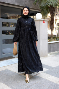 Yakma Çicek Desenli Jakar Elbise  Siyah