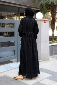 Yakma Çicek Desenli Jakar Elbise  Siyah