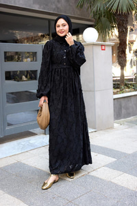 Yakma Çicek Desenli Jakar Elbise  Siyah