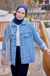 Yakma Kare Desenli Jean Ceket Buz Mavi