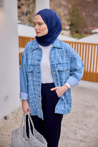 Yakma Kare Desenli Jean Ceket Buz Mavi