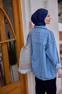 Yakma Kare Desenli Jean Ceket Buz Mavi