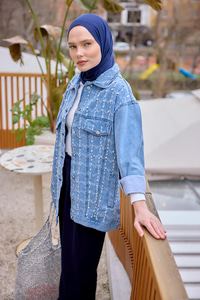 Yakma Kare Desenli Jean Ceket Buz Mavi