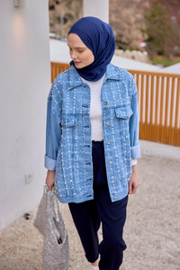 Yakma Kare Desenli Jean Ceket Buz Mavi