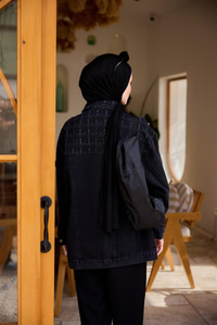 Yakma Kare Desenli Jean Ceket Siyah