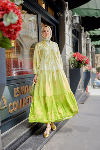 Yaldız Yaprak Desenli Elbise Fıstık Yeşil