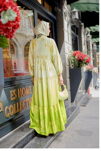 Yaldız Yaprak Desenli Elbise Fıstık Yeşil