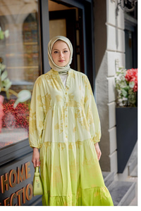 Yaldız Yaprak Desenli Elbise Fıstık Yeşil