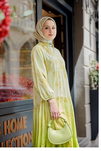 Yaldız Yaprak Desenli Elbise Fıstık Yeşil