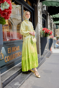 Yaldız Yaprak Desenli Elbise Fıstık Yeşil