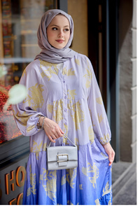 Yaldız Yaprak Desenli Elbise Lila