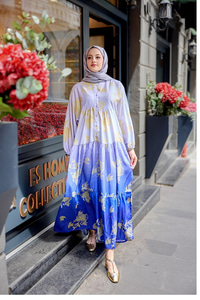 Yaldız Yaprak Desenli Elbise Lila