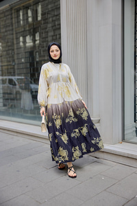 Yaldız Yaprak Desenli Elbise Siyah