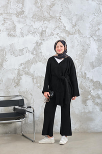 Yan Bağlama Detaylı Triko Takım Siyah