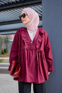 Yan Bağlama Ve Fırfır Detaylı Gömlek Bordo