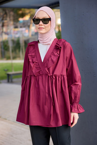 Yan Bağlama Ve Fırfır Detaylı Gömlek Bordo