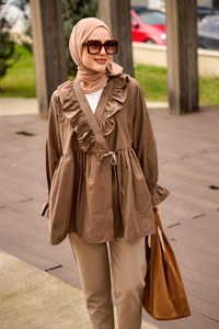 Yan Bağlama Ve Fırfır Detaylı Gömlek Kahverengi 