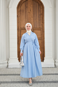 Yan Bağlamalı Çizgili Elbise Mavi