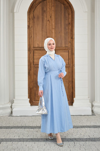 Yan Bağlamalı Çizgili Elbise Mavi